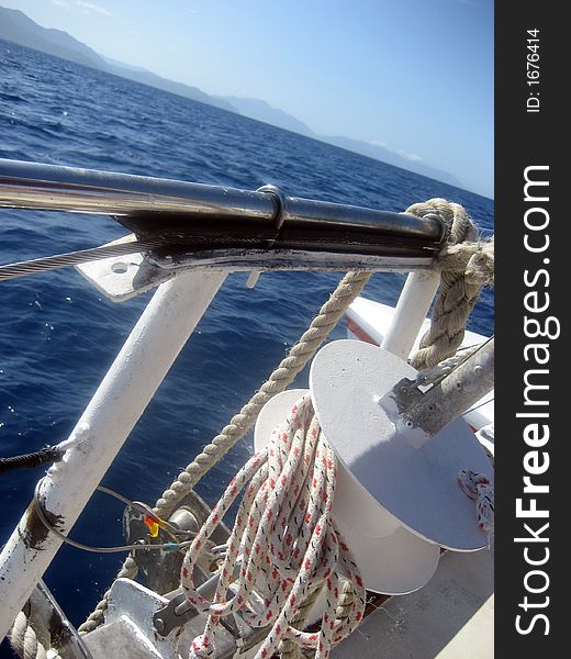 Boat rail and rigging on a yacht. Boat rail and rigging on a yacht