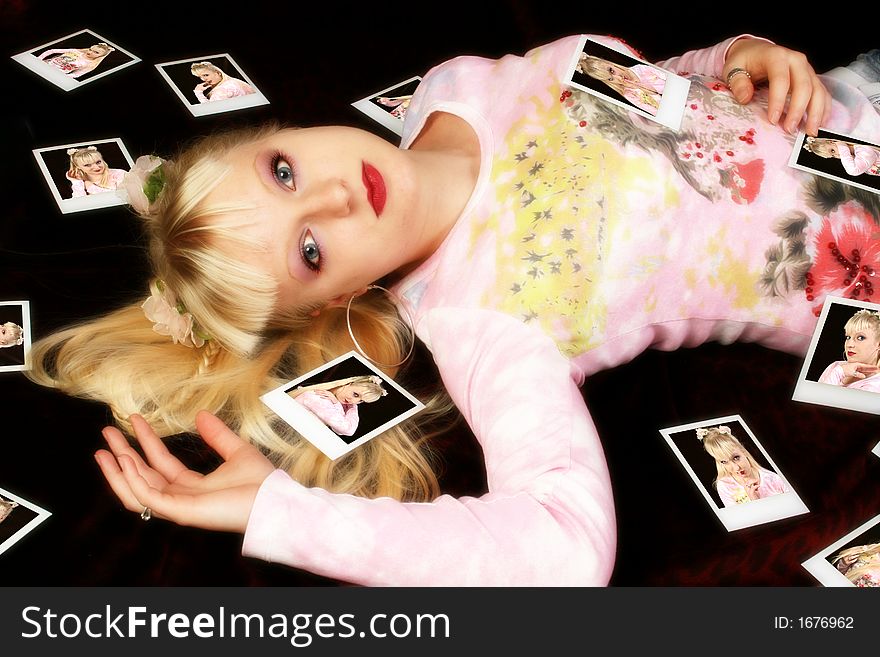 Beautiful German teen girl surrounded by polaroids.