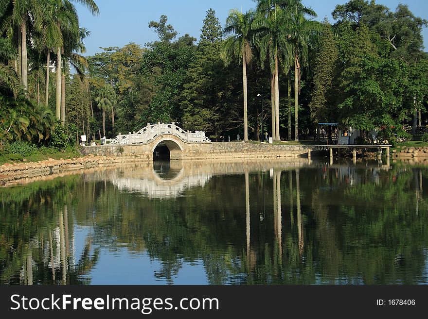 Lakescape with arch bridge,palm trees and reflection