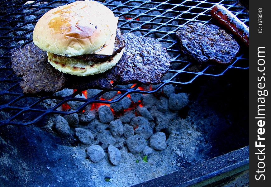 Backyard barbecue foods roasting over hot coals. Backyard barbecue foods roasting over hot coals.