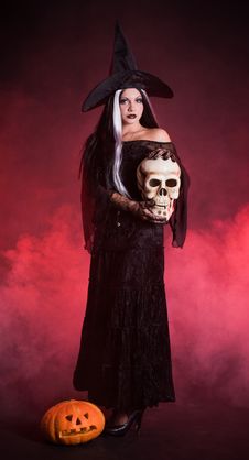 Halloween Witch With A Skull And Pumpkin Stock Photo Halloween Witch With A Skull And Pumpkin Stock Photo