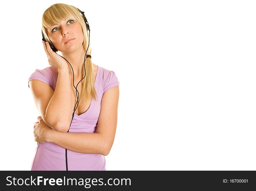 Woman listening to music. Lots of copyspace and room for text on this isolate