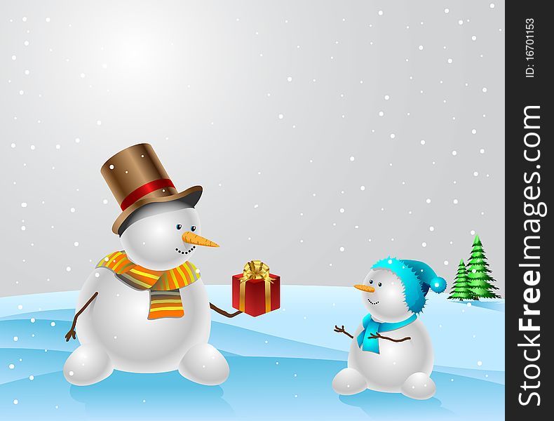 Snowmen with Christmas present on natural background. Vector illustration. Snowmen with Christmas present on natural background. Vector illustration.