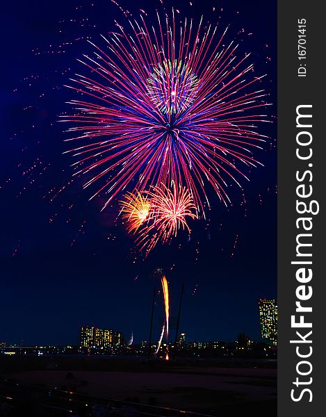 Spectacular capture of a Japanese fireworks display during summer. Spectacular capture of a Japanese fireworks display during summer.