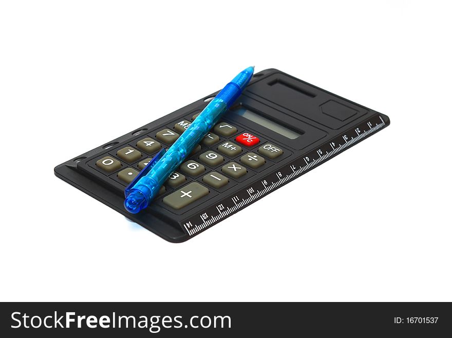 Photo of the calculator with pen on white background