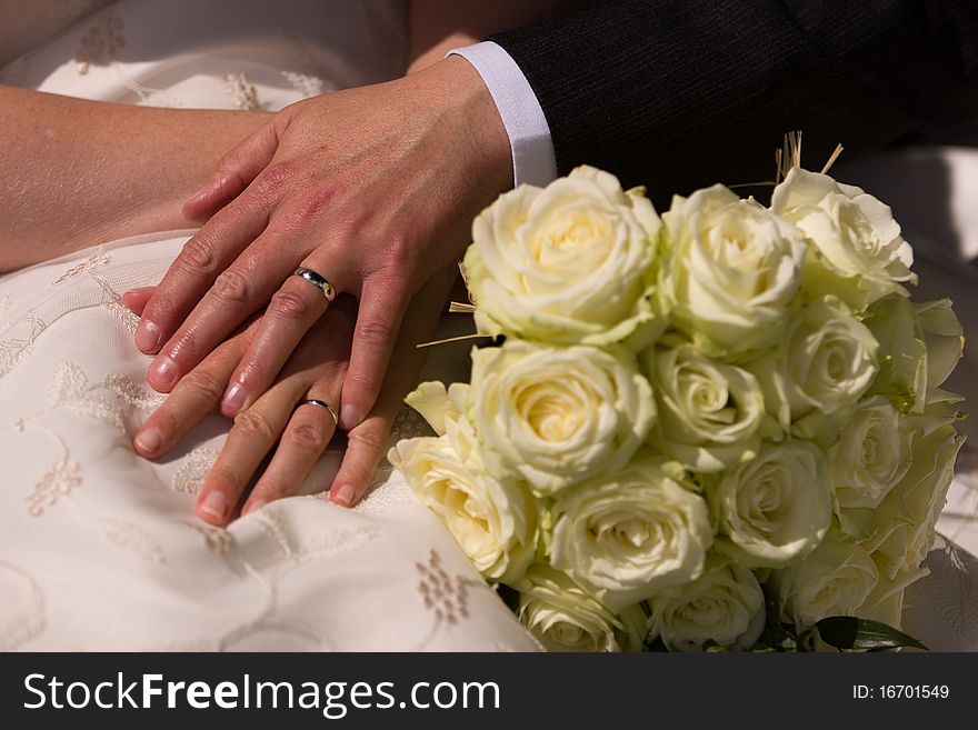 Just married couple showing rings