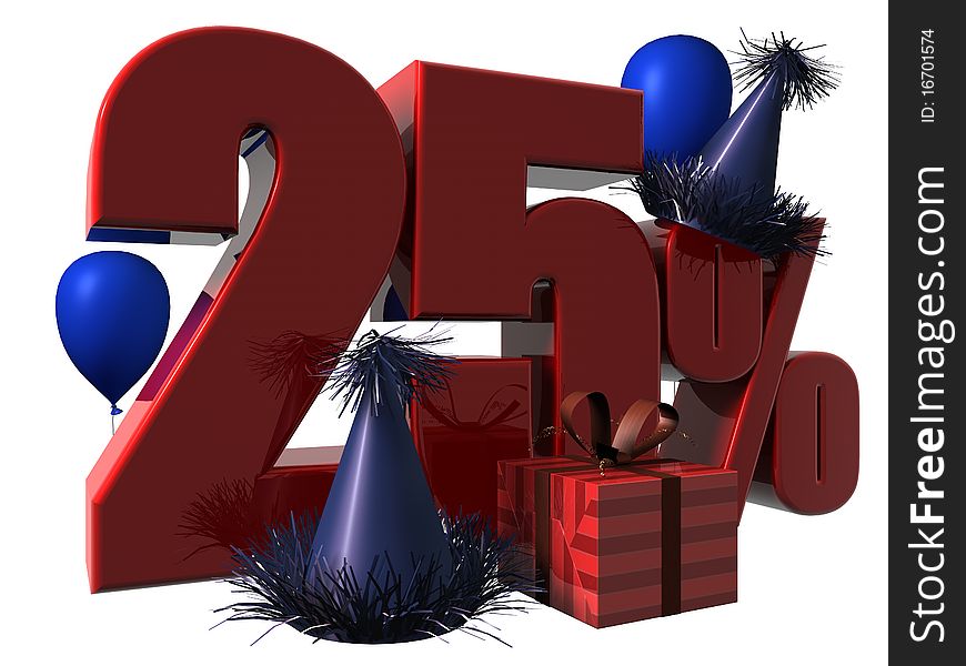 3D Render of 25 percent sale with party hats balloons and wrapped gift isolated on a white background. 3D Render of 25 percent sale with party hats balloons and wrapped gift isolated on a white background