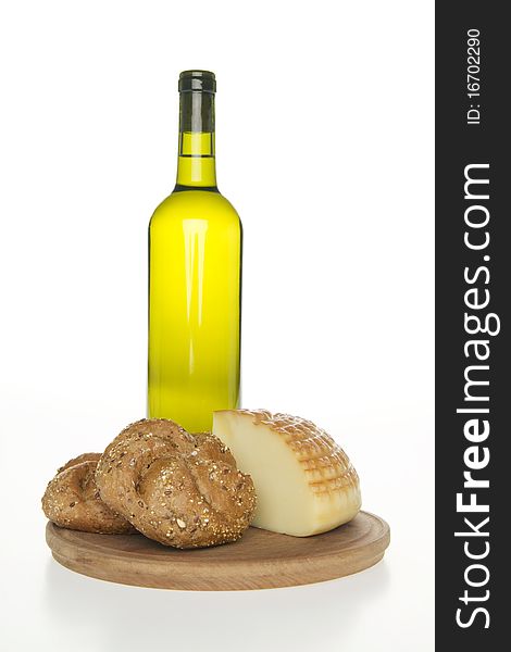 Wine cheese and bread,on white background. Wine cheese and bread,on white background.