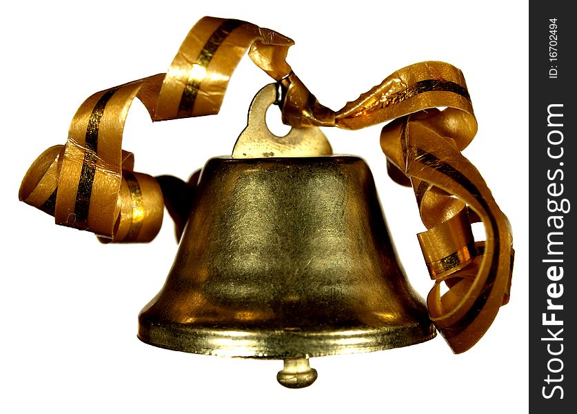 Hand bell with tapes of gold color on a white background. Hand bell with tapes of gold color on a white background