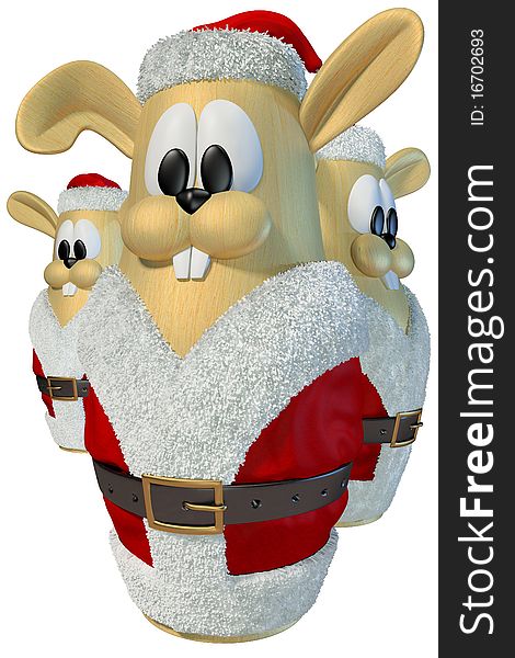 Three rabbit fur coat in Santa Claus. isolated on white.