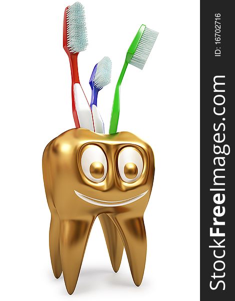 Gold toothbrush holder in the form of a tooth. isolated on white