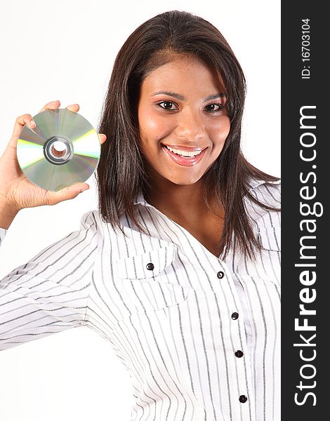 Data On Disc Smiling Young Business Woman Holds CD