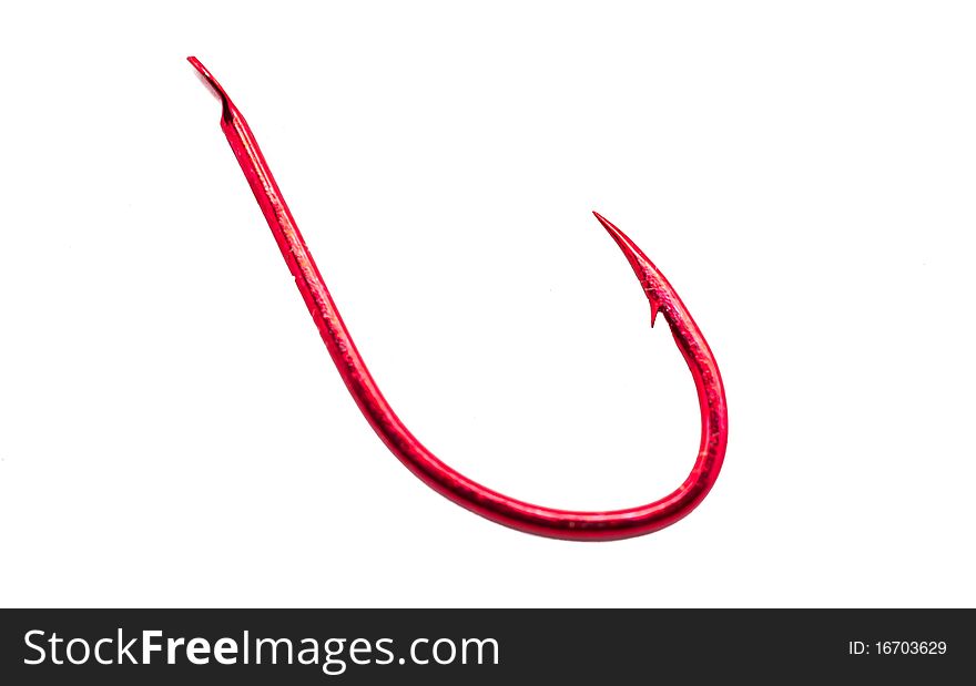 Studio shot of red sharp fishhook with focus on point isolated on white. Studio shot of red sharp fishhook with focus on point isolated on white.