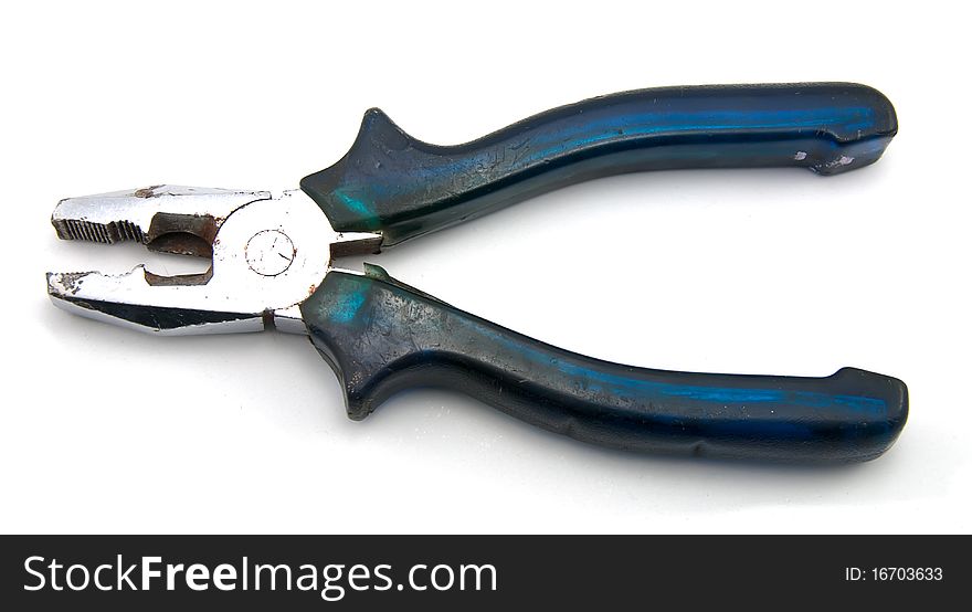 Studio shot of blue pliers isolated on white. focus on metal