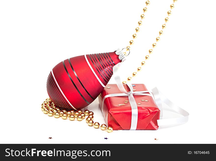 Christmas decorations and box on a white background. Christmas decorations and box on a white background.