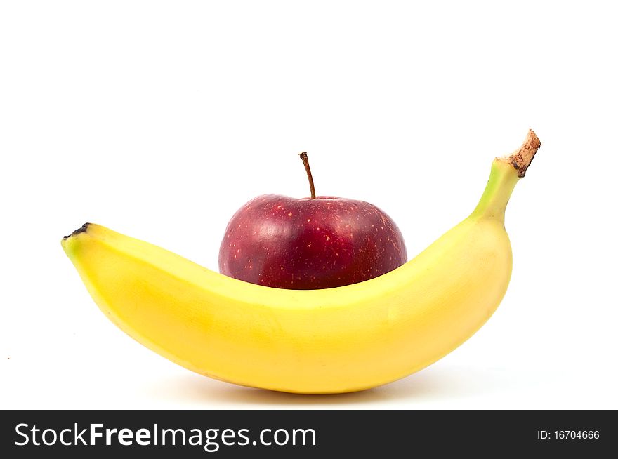 Apple and banana on white background