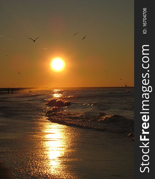 Sunset at Sea. A romantic evening at sea. North Sea. The Hague.