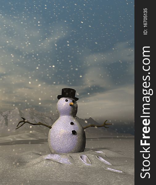 A cute 3D snowman standing in the snow
