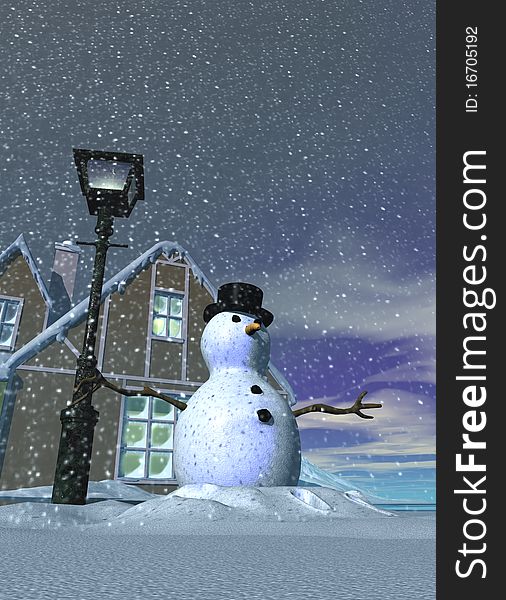 A cute snowman stands in the snow beside a lamp post with a christmas house in the back ground. A cute snowman stands in the snow beside a lamp post with a christmas house in the back ground