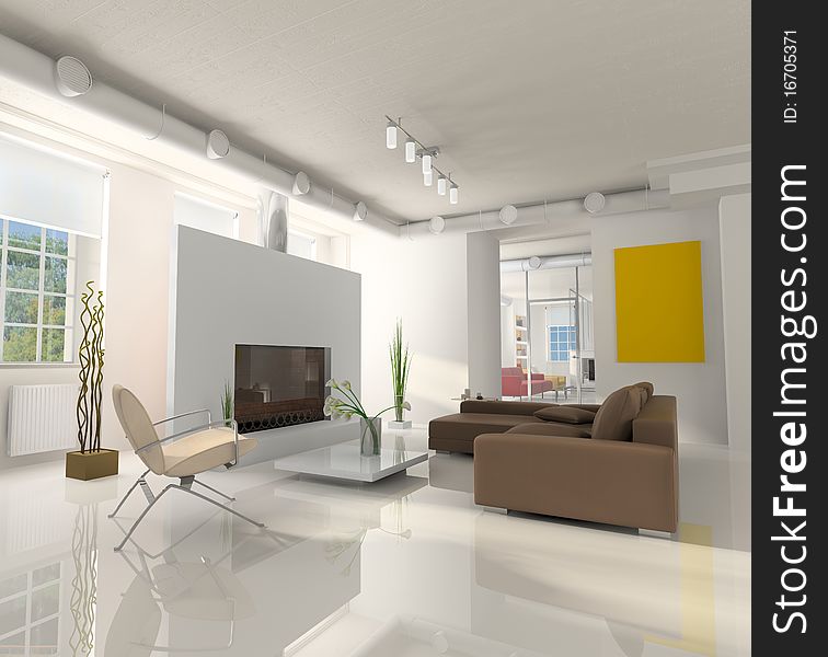 Interior with a fireplace, a sofa and an armchair. Interior with a fireplace, a sofa and an armchair