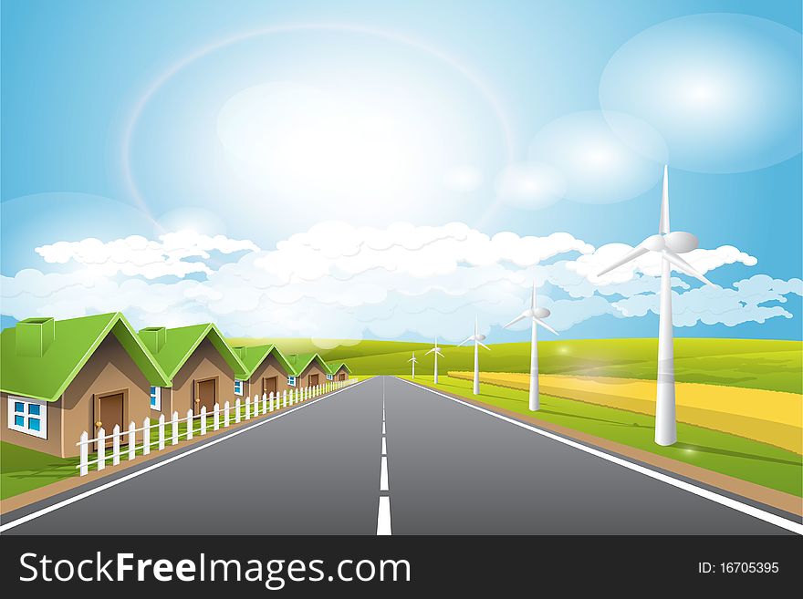 Illustration, long road and wind power stations along it. Illustration, long road and wind power stations along it