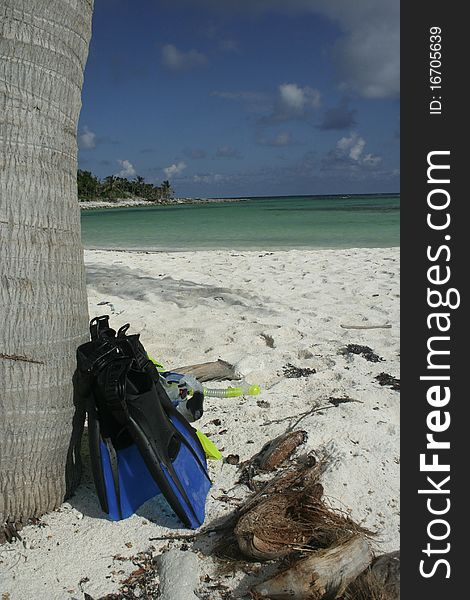 Snorkel and fins on beach in Caribbean