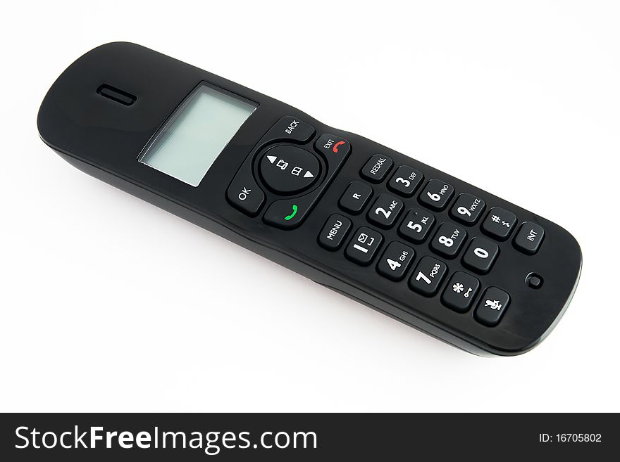 A black cordless phone on a white background