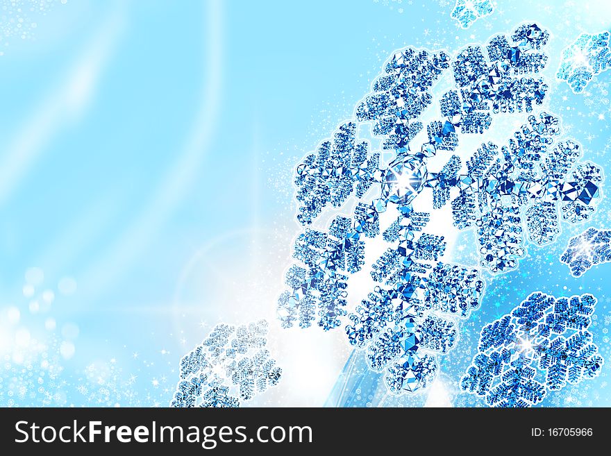 Crystal snowflakes falling on a blue background
