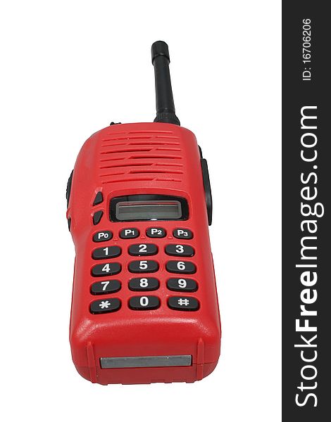 Red walkie talkie on white background.