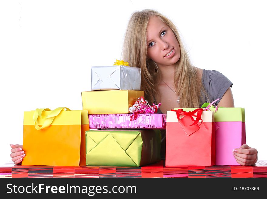 Happy Girl with Gifts isolated on white background