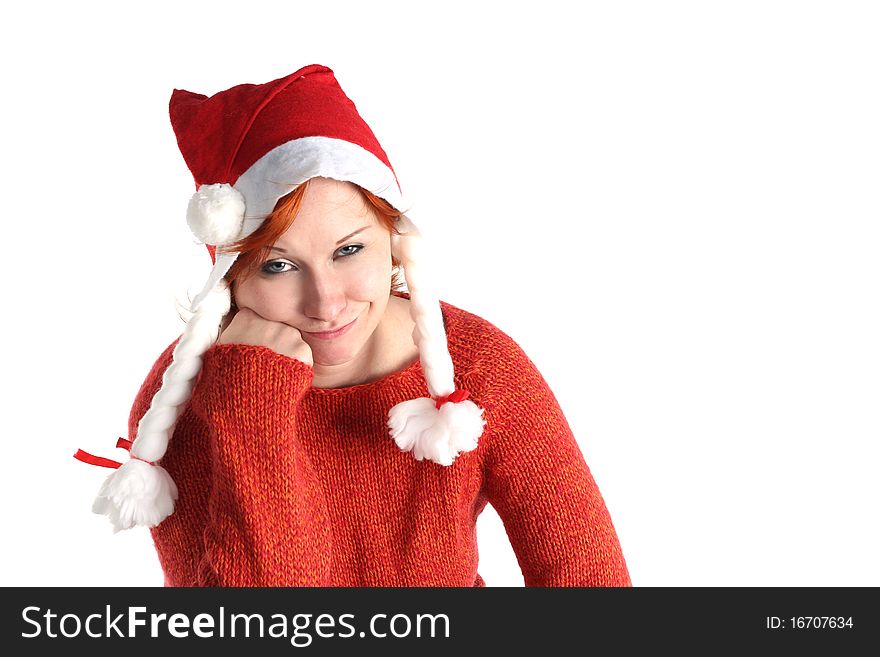 Woman in santa's cap isolated on white background