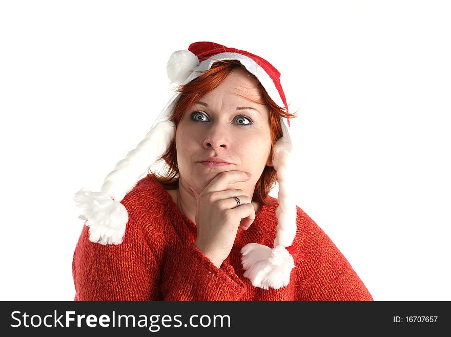 Woman in santa's cap isolated on white background