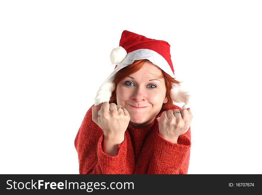 Woman in santa's cap isolated on white background