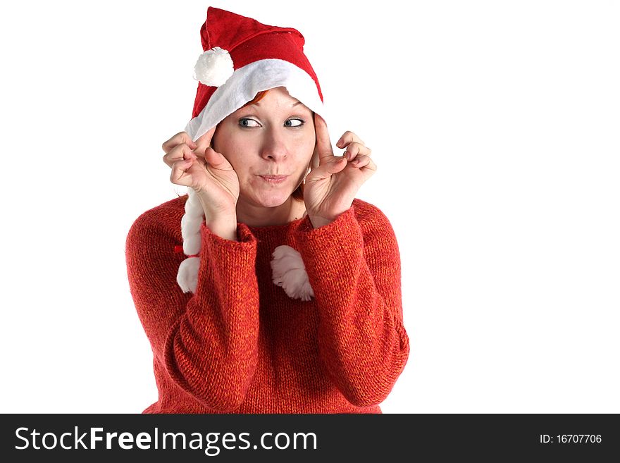 Woman in santa's cap isolated on white background