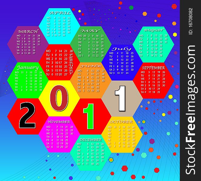 Calendar year two thousand eleven months with colored hexagons in. Calendar year two thousand eleven months with colored hexagons in