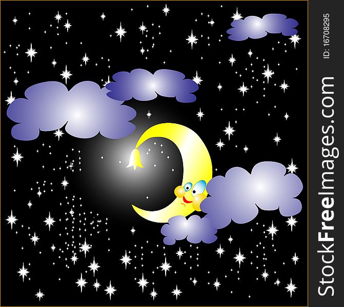 Night sky, stars in the sky, the moon shines, the month and the clouds in the sky, bell nightlight shines, smiles month