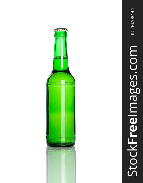 Green beer bottle isolated on white background