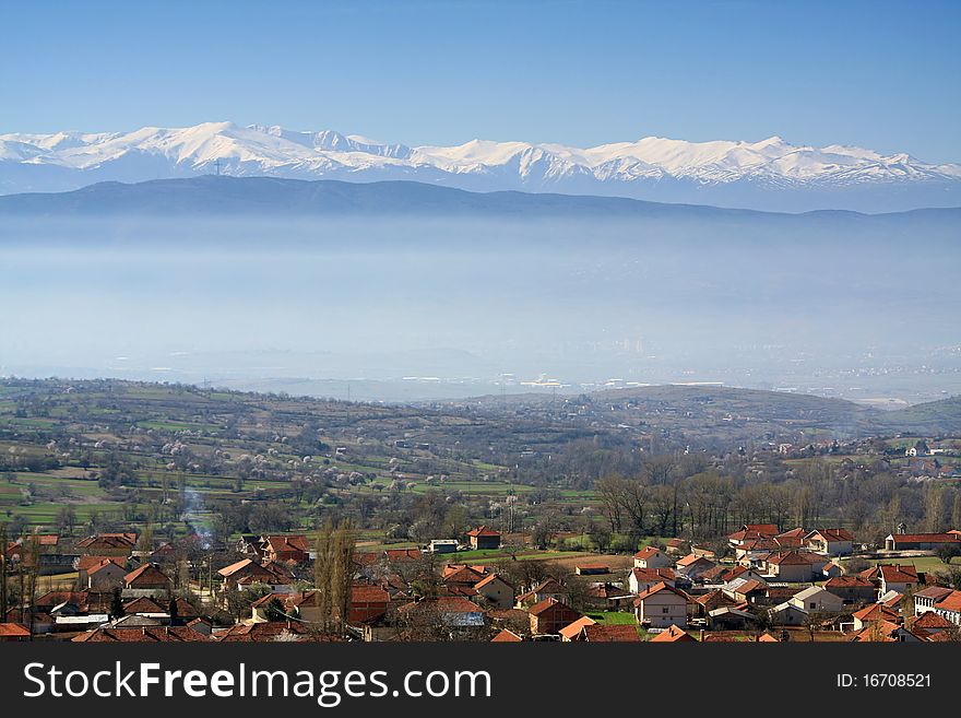 Panoramic view of a foggy village environment in Skopje, Macedonia