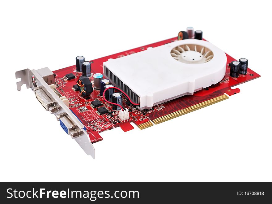 Video card with three outputs on a white background