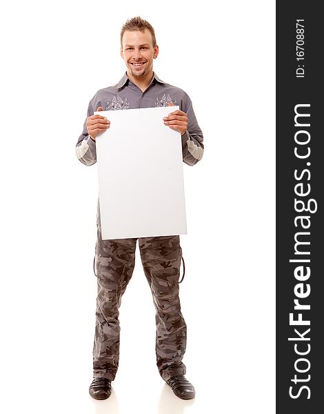 Smiling young handsome man with white clear board on white background. Smiling young handsome man with white clear board on white background