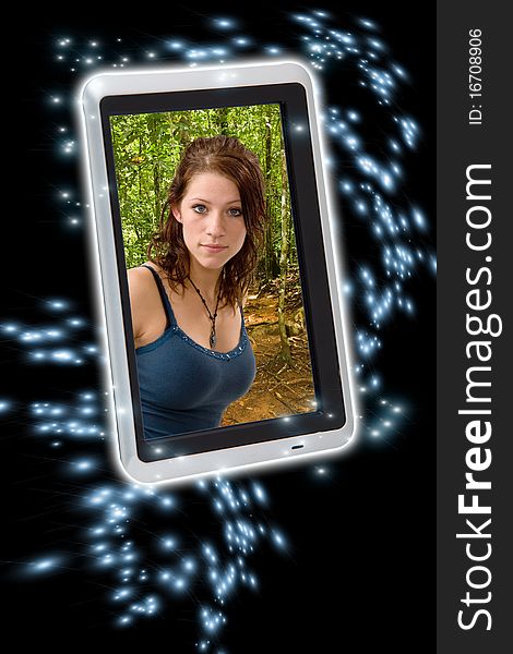 Cell phone floating on flares with picture of pretty girl hiking in forest.