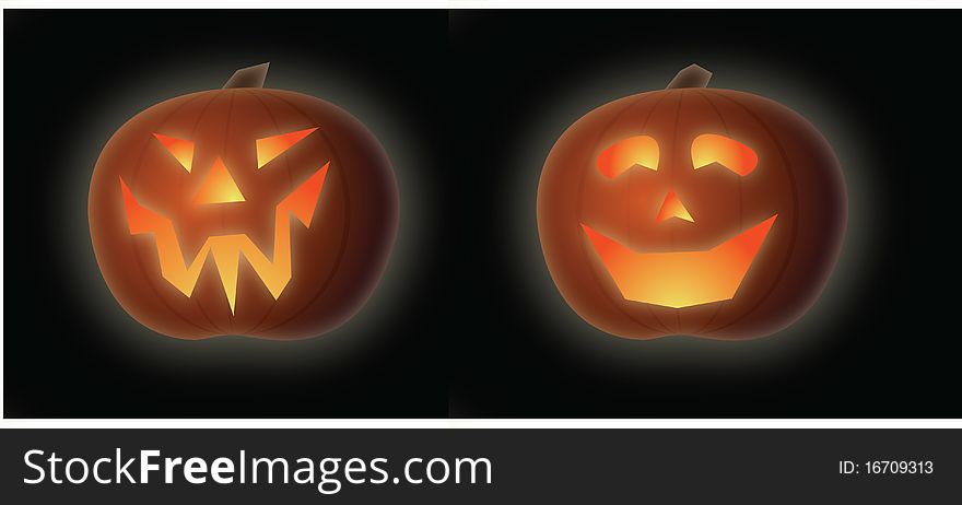 Two glowing jack'o'lanterns, one evil looking, one happy. Two glowing jack'o'lanterns, one evil looking, one happy.