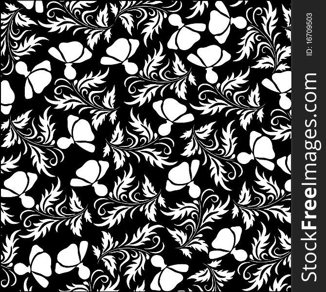 Vector decorative floral background with poppies, black and white graphics. Vector decorative floral background with poppies, black and white graphics