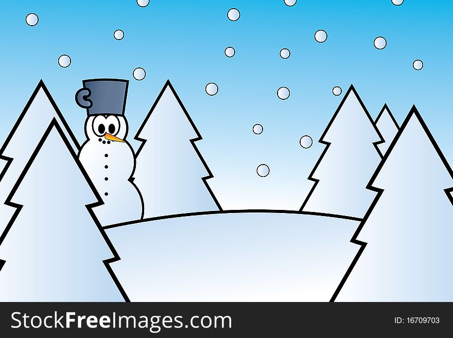 Snowman with pot hat on snowy field in winter