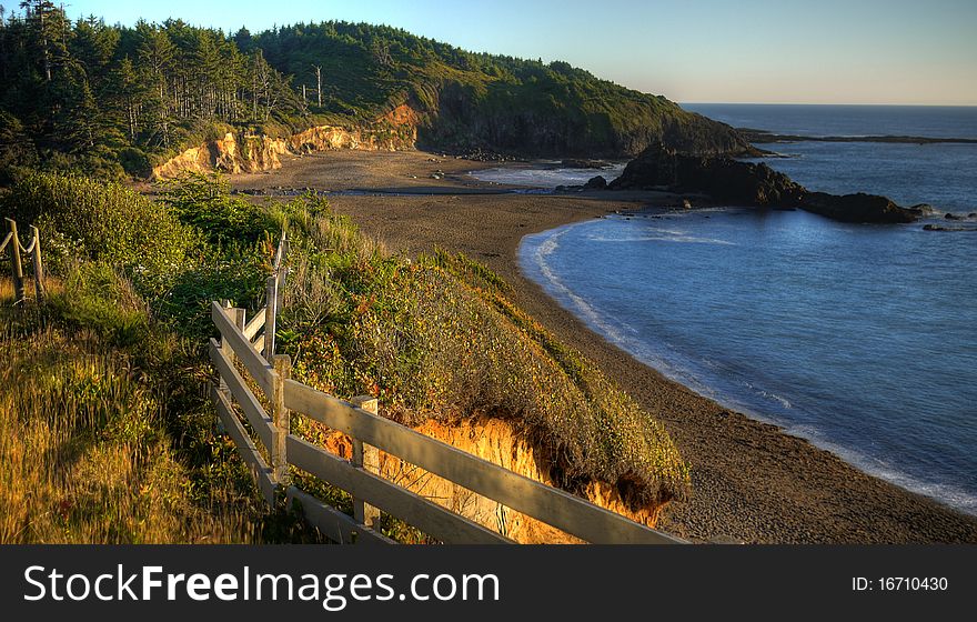 Overlooking Fogarty creek recreational area during sunset. Overlooking Fogarty creek recreational area during sunset