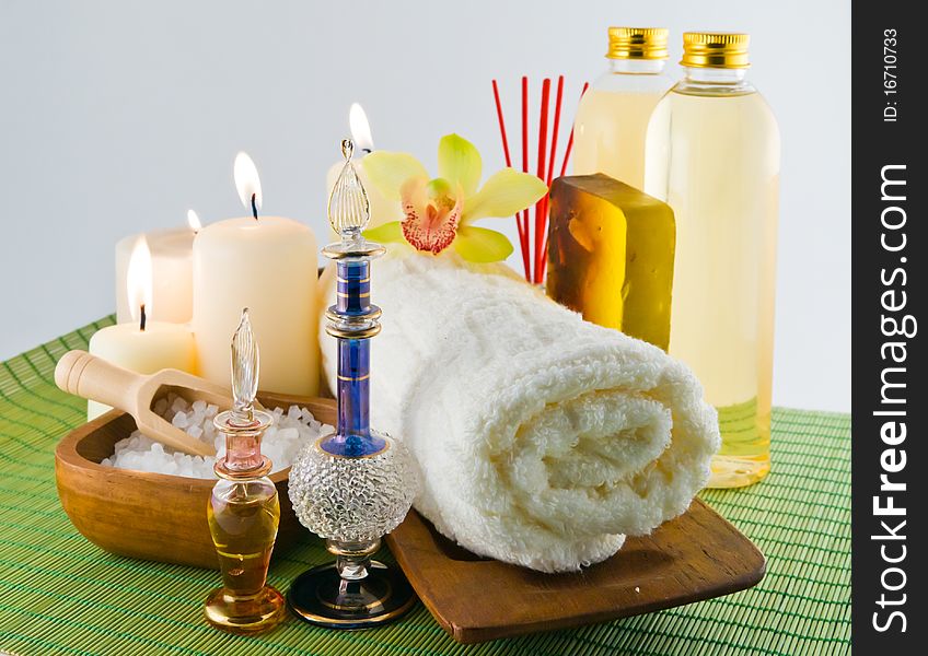 Still-life with small, spirits and salt in the spa salon. Still-life with small, spirits and salt in the spa salon