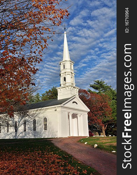 A New England colonial chapel on a late fall afternoon. A New England colonial chapel on a late fall afternoon