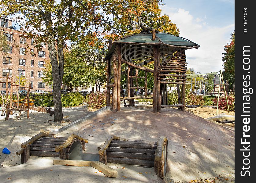 Wooden Climbing set in playground in public park. Wooden Climbing set in playground in public park