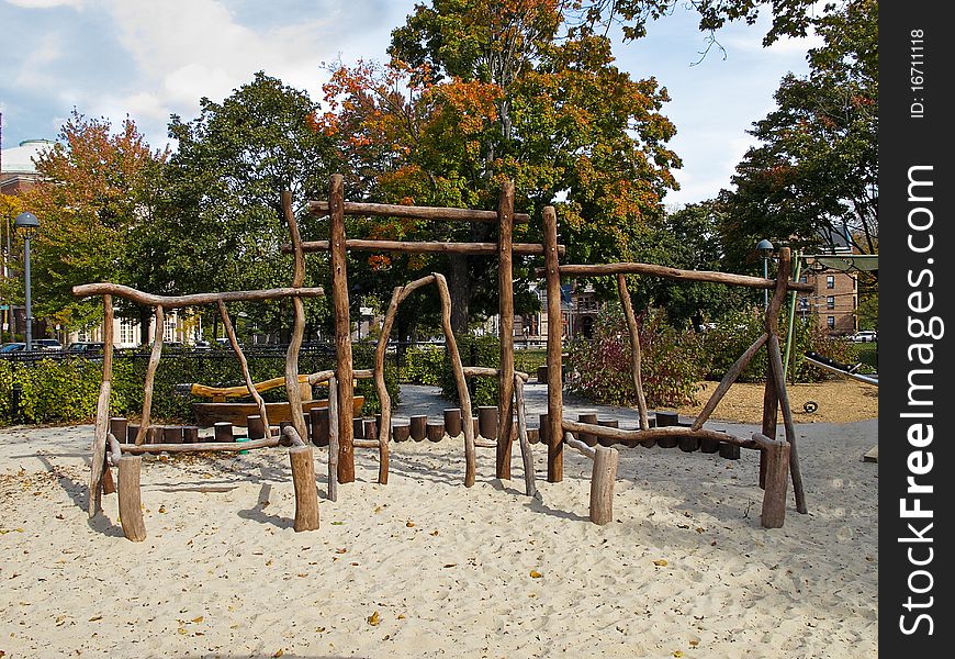 Wooden climbing equipment in childrens play area. Wooden climbing equipment in childrens play area