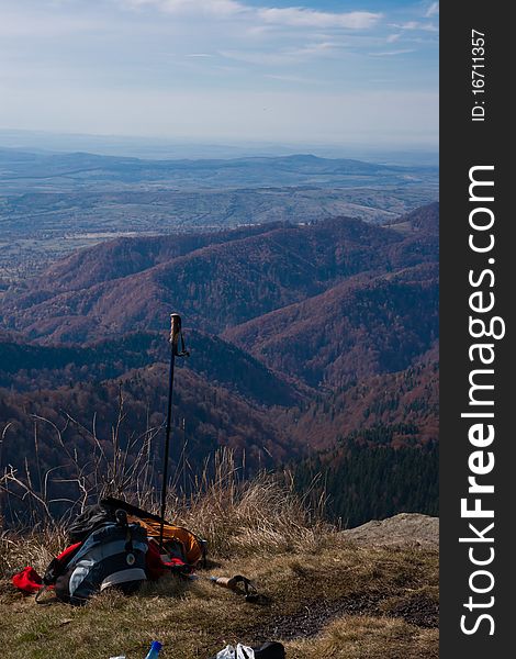 Backpack and climbing gear on mountain top. Backpack and climbing gear on mountain top